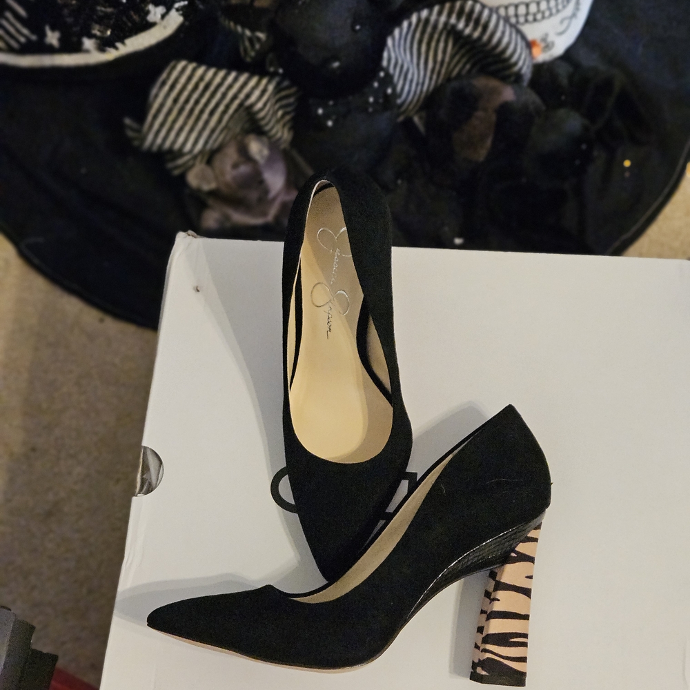 Jessica Simpson Black Suede Heels with Animal Print Heel Brand New